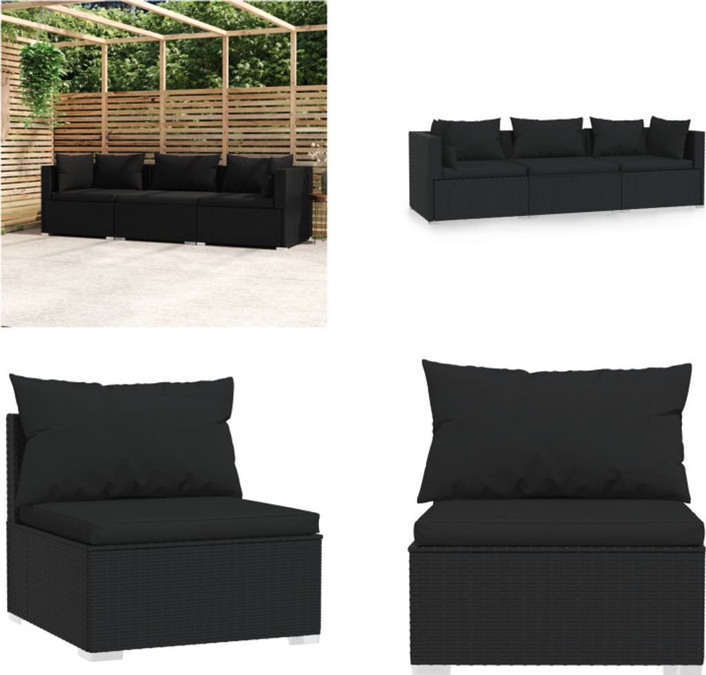 vidaXL 3 Sitzer Sofa mit Kissen Schwarz Poly Rattan - 3-Sitzer-Sofa - 3-Sitzer-Sofas - Sofa-Set - Terrassen-Lounge-Set