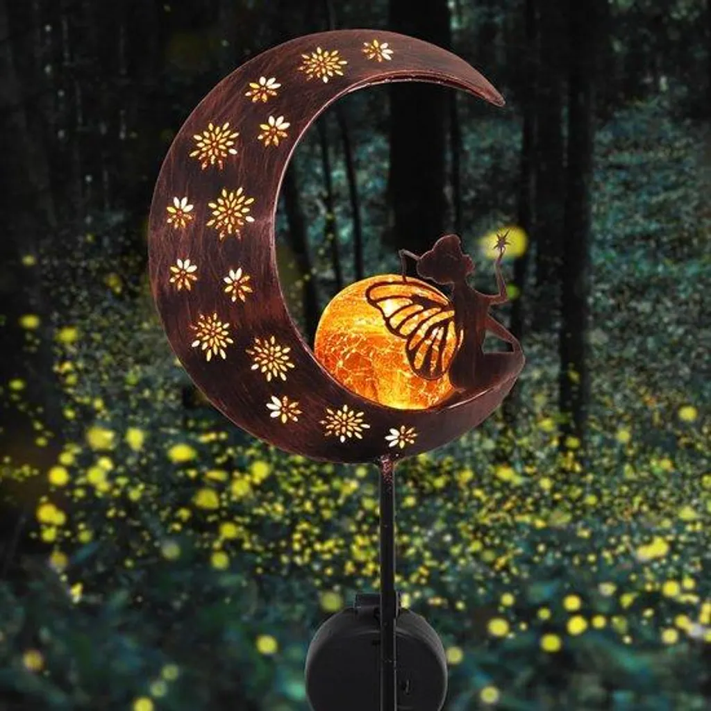 Décoration luminaire de jardin solaire lune 100 cm LED en métal et verre