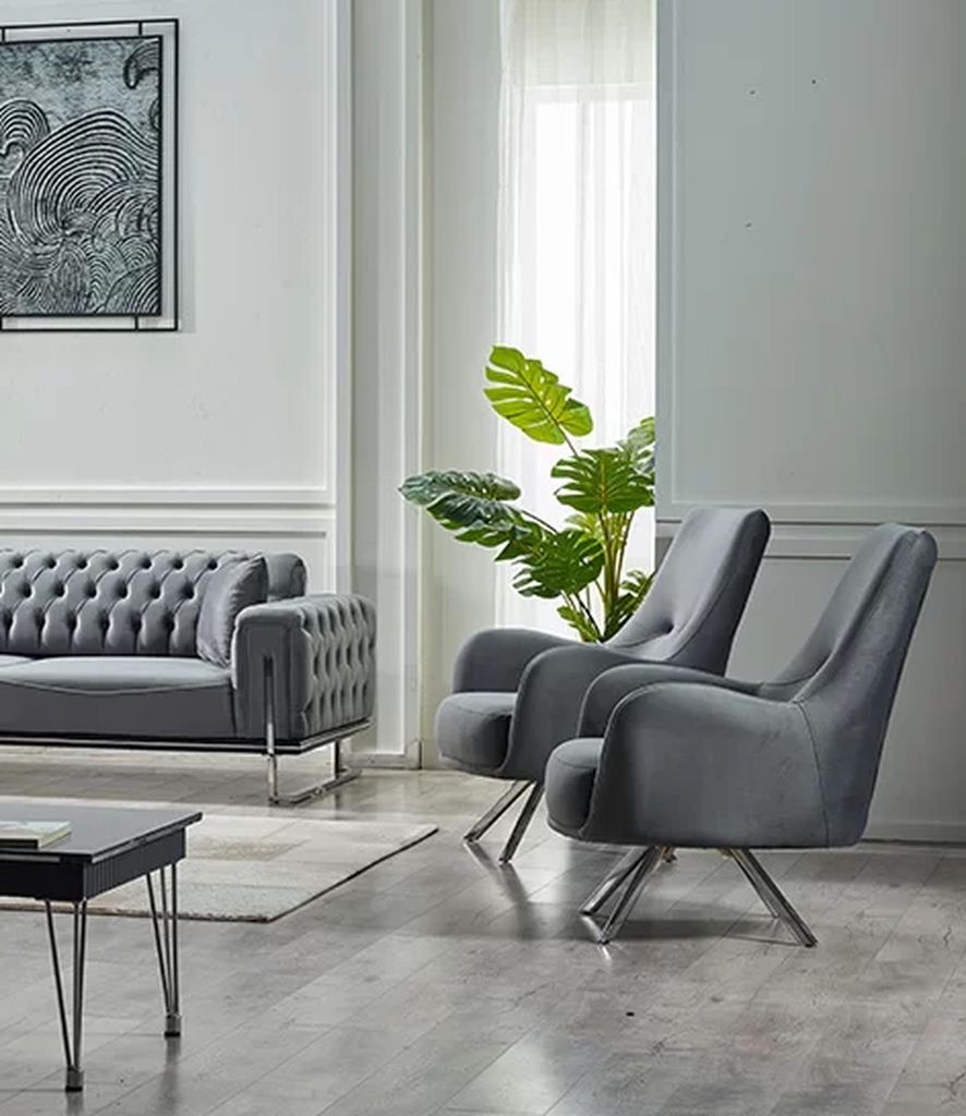 Grau Polstermöbel 2x Sessel Wohnzimmer Polstersessel Design Textil