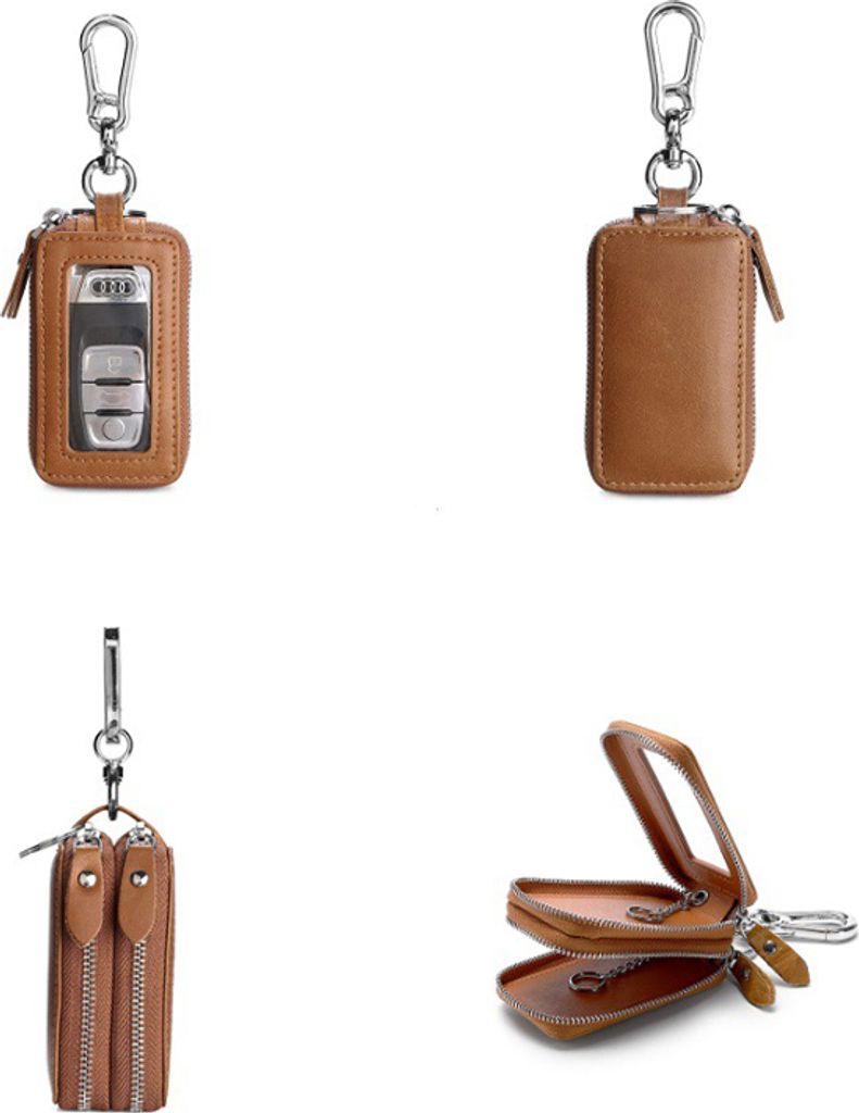 Custodia Portachiavi Auto In Pelle Bovina Con Blocco RFID | Borsetta Protettiva Per Telecomando, Con Cerniera, Adatta Anche Per Carte E Monete - Blu