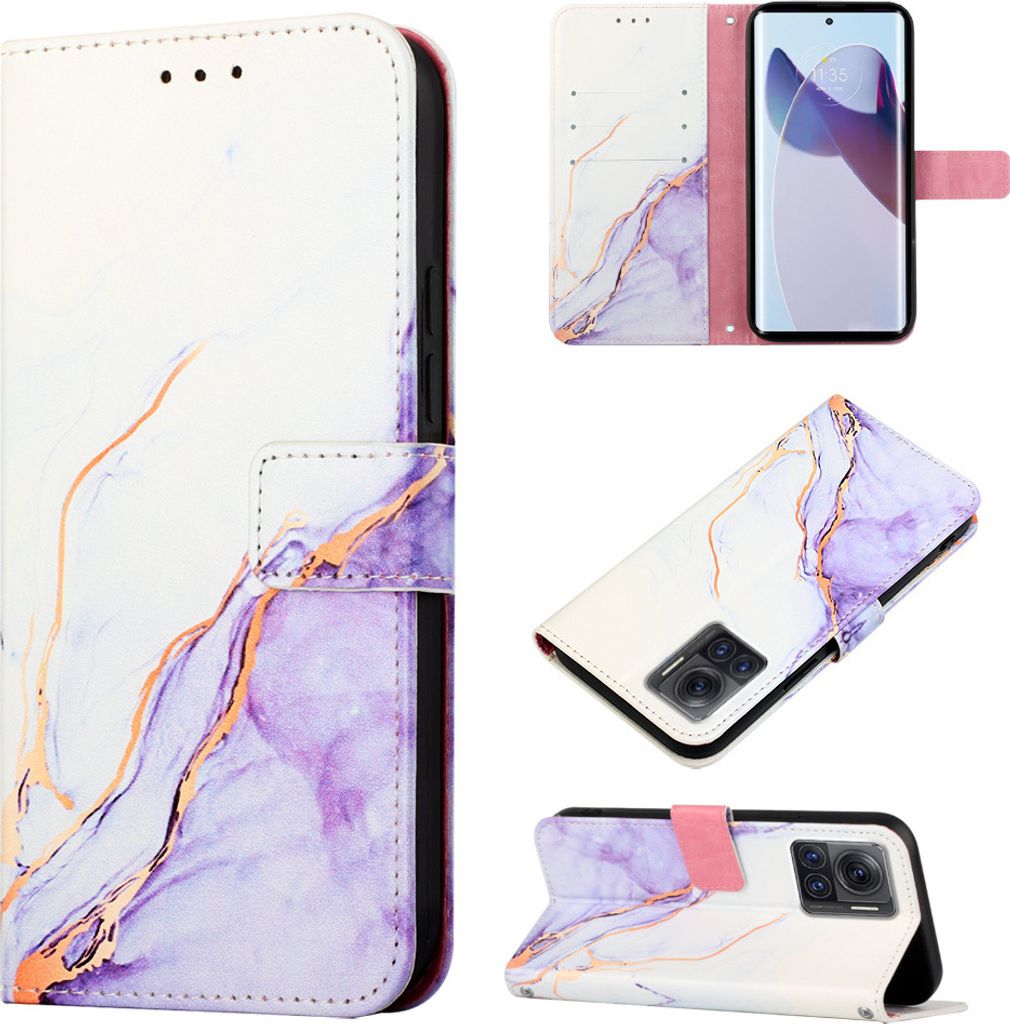 Moto X30 Pro Hülle, Marmor Motiv Kunstleder Tasche Wallet Kartenfächer mit Standfunktion Klapp Schutzhülle für Motorola Moto X30 Pro 5G Weiß Lila