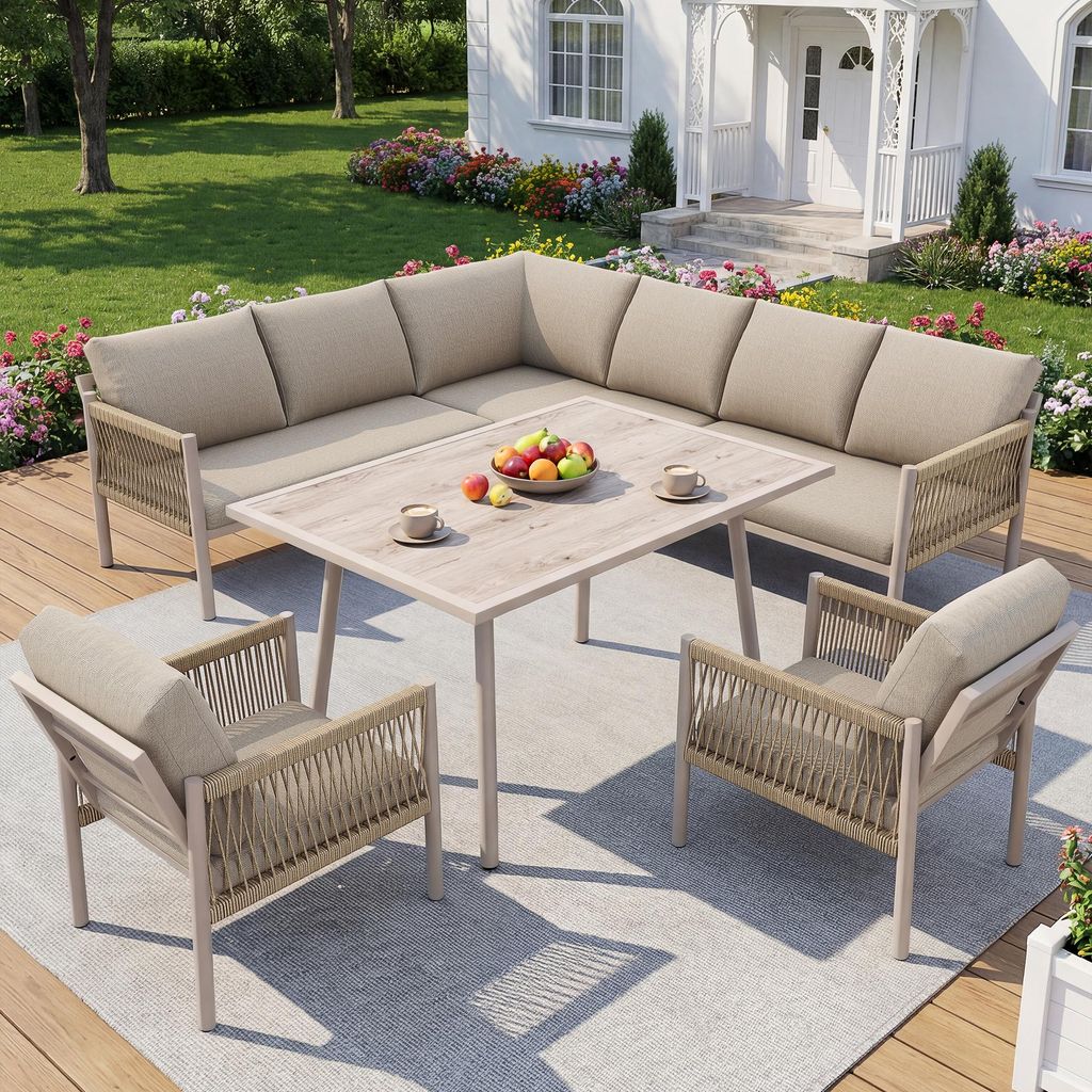 okwish Outdoor-Garten-Sofa-Set Freizeitsofa mit Tisch Ecksofa für 7–8 Personen mit 2 handgeflochtenen Sesseln Outdoor-Möbel Für den Außenbere...