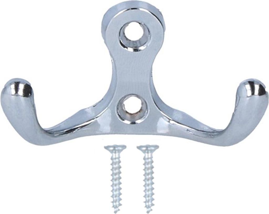 A chrome-plated double coat hook with two screws, photographed against a white background.