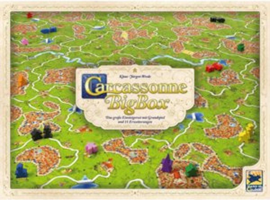 The image shows the box art for the Carcassonne BigBox board game, featuring a map with game pieces on it.