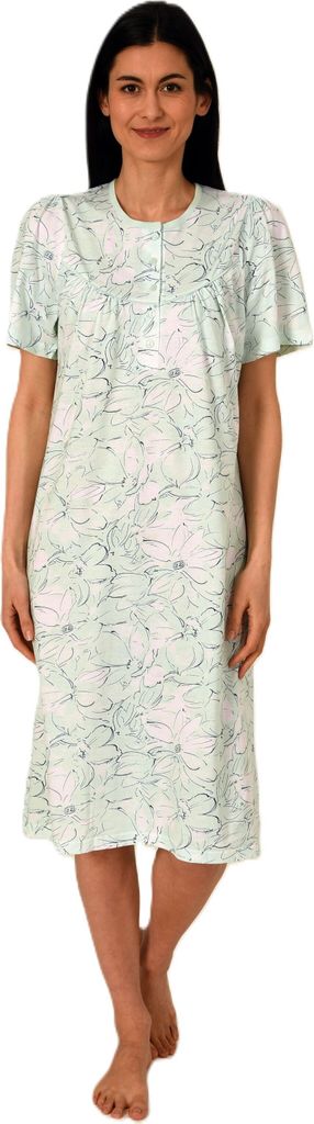Normann Damen kurzarm Nachthemd in klassischer floraler Optik mit Knopfleiste am Hals ; helltürkis , 40