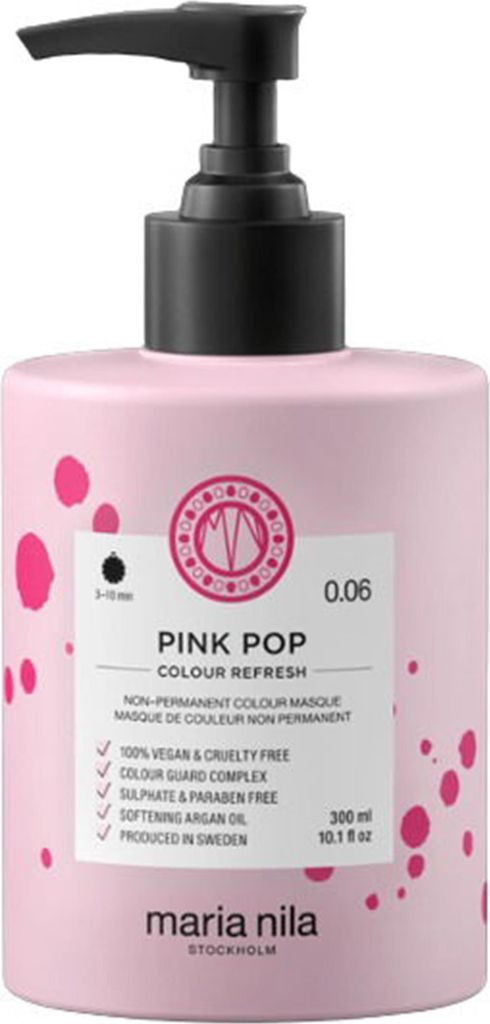 A pink bottle of Maria Nila Colour Refresh hair mask with a black pump dispenser.