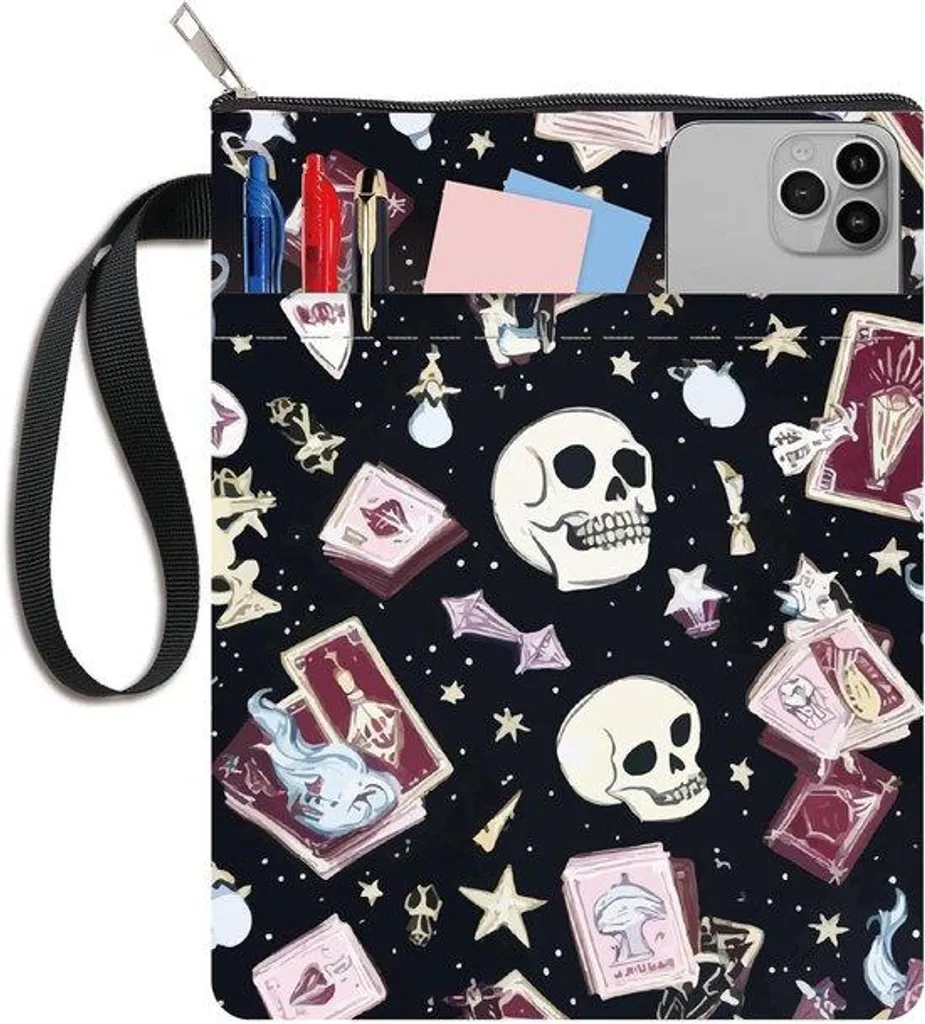 Pochette de protection livre de poche zippée, motif anges et squelettes