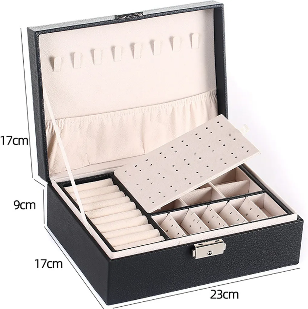 Coffret à bijoux noir double niveau avec compartiments et verrou - 2