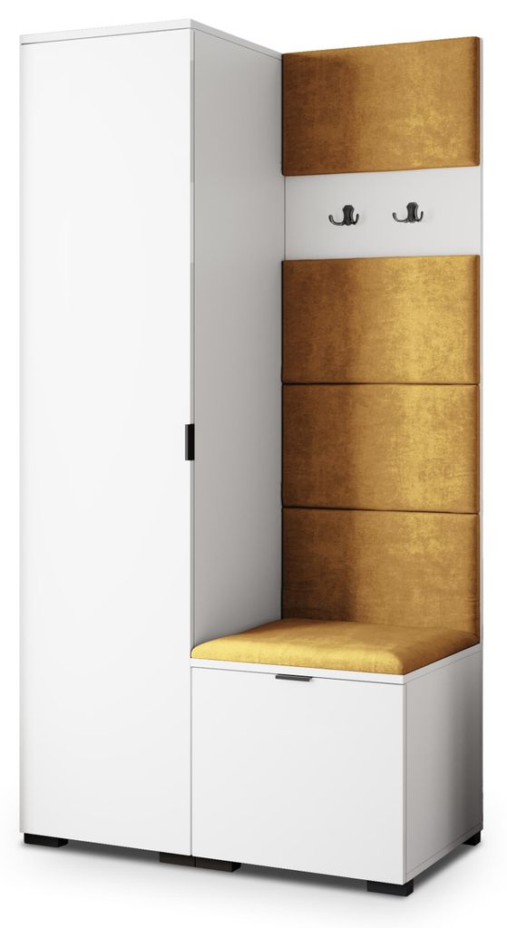 Masseno Garderobe-Set LORI 95/181/51 cm Modern Garderobenschrank Weiß, Veloursstoff MONOLITH 48 (Gelb)