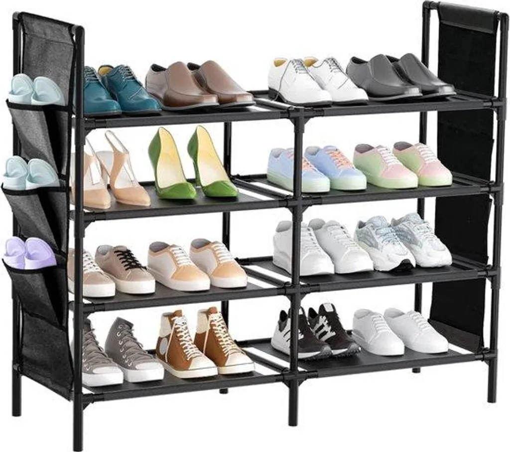 Range-chaussures 4 niveaux en métal robuste et tissu gris 77x29x90cm