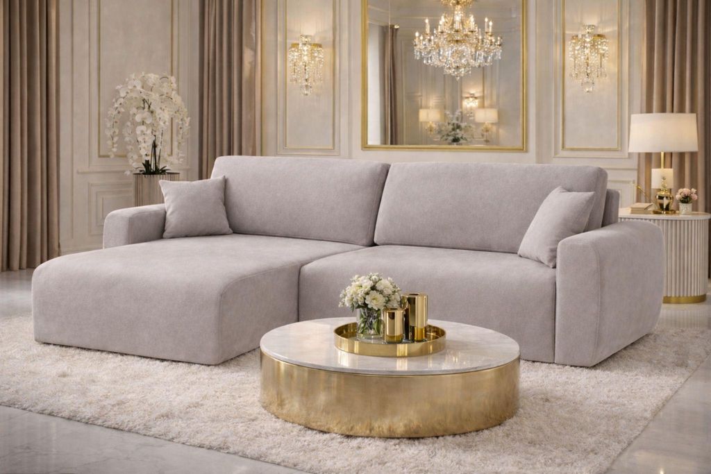 Kaiser Möbel Ecksofa mit Schlaffunktion und Bettkasten, Ariel L-Form Velours Sofa, Stoff Salvador, Grau, Links