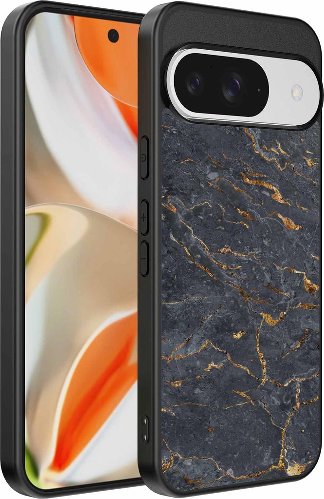 Fit für Google Pixel 9 Pro XL Telefon Fall mit Grau Gold Marmor Print - TPU Backcover Fall Grau Gold Marmor Design - Schwarz - Smartphonica