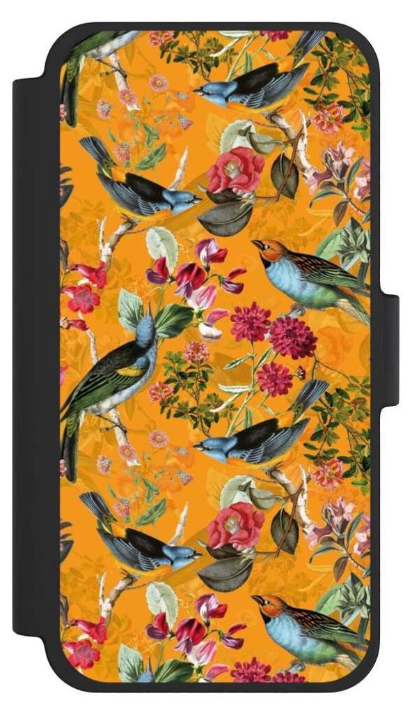 NIVOCASE Klapphülle für Apple iPhone 12 mini Handyhülle aus Kunst Leder NIVOflip schwarz Blumen Dschungel Vogel