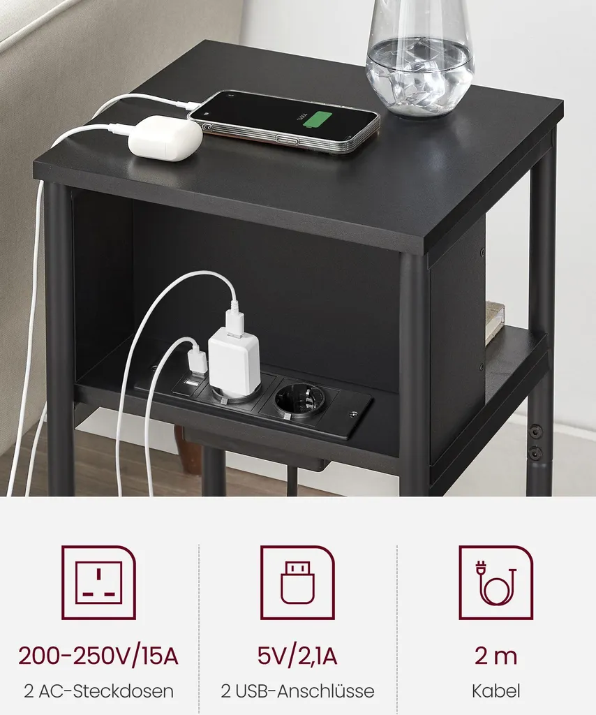 Bout de canapé avec prises AC et USB noir - Support pour pc et mobile - 3