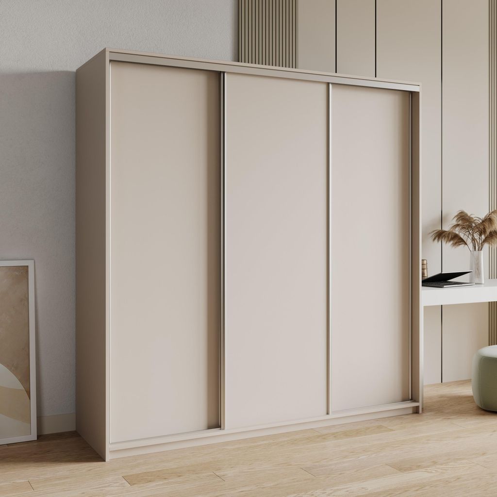 Masseno Schiebetürenschrank NISSE 180/205/60 cm Kleiderschrank mit 4 Schubladen Schlafzimmer Schrank 3-türig Kaschmir