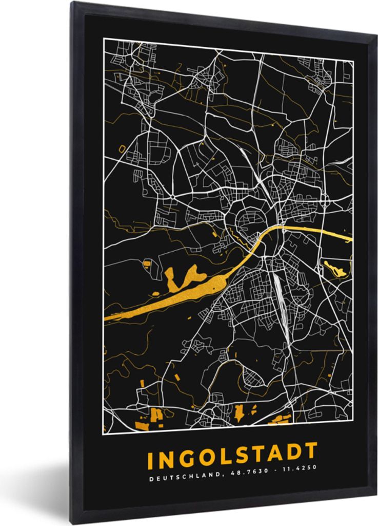 MuchoWow Gerahmtes Poster Ingolstadt - Stadtplan - Gold - Karte - Deutschland 60x90 cm - Poster mit Schwarzem Bilderrahmen Wandposter Rahmen Foto...