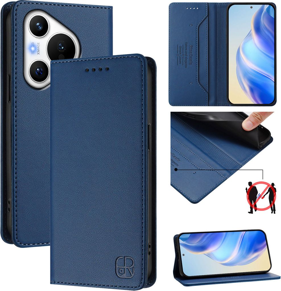 Lederhülle für Huawei Pura 70 Hülle Flip Brieftasche Kartenfächern Ständer Schutzhülle Blau