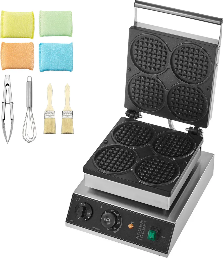 SucceBuy Ferro per waffle commerciale, 4 pezzi, rotondo, 1750 W, acciaio inossidabile antiaderente, controllo della temperatura e del tempo, per ristoranti, panetterie, snack bar, famiglie