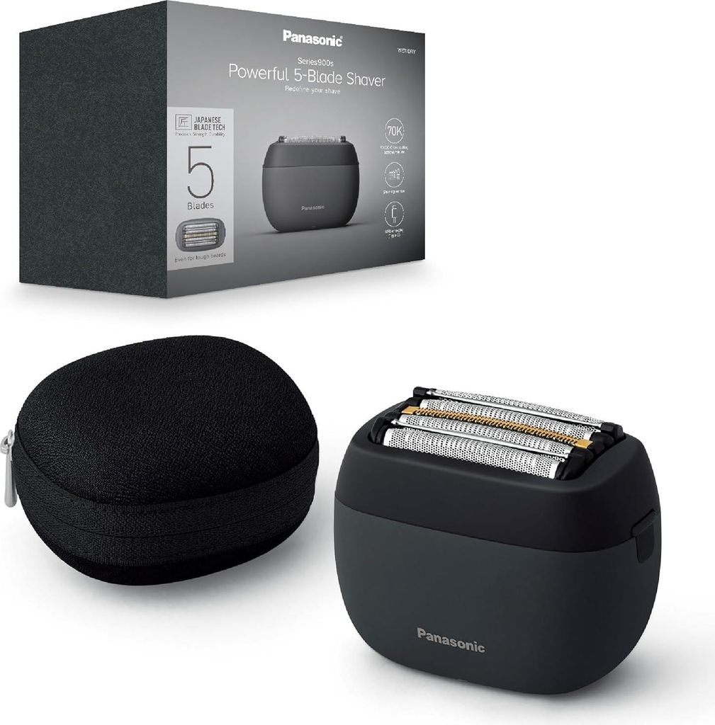 A product shot featuring the packaging and the electric shaver with its accessories.