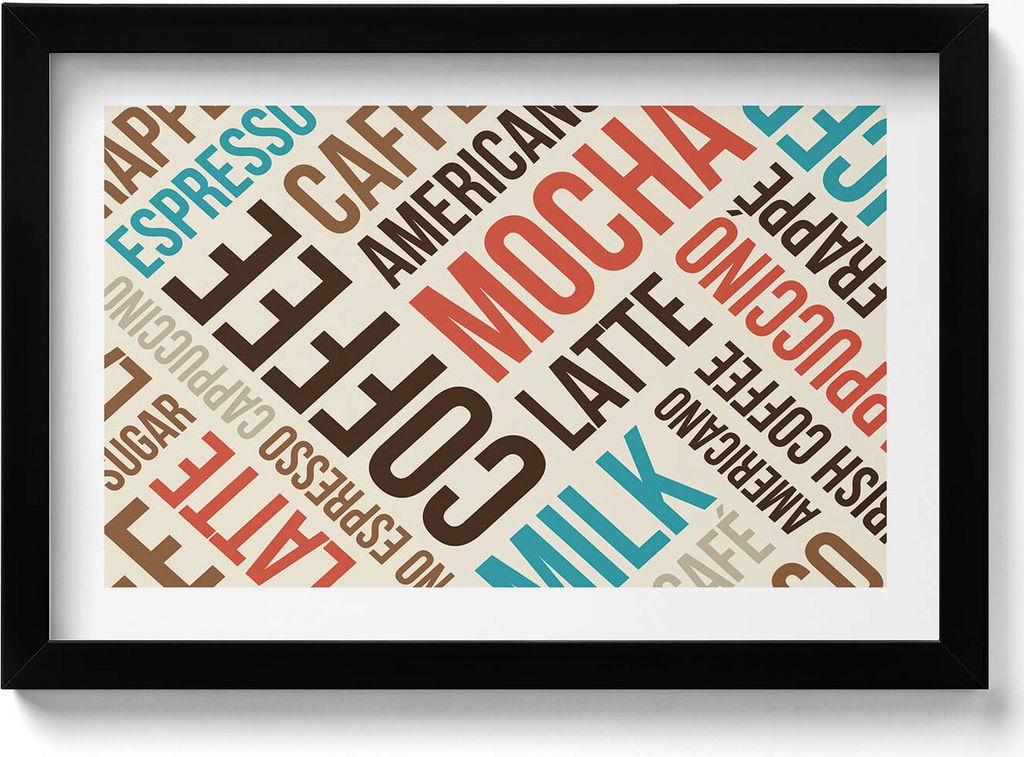 Beschriftungen für die Küche - Kaffeenamen– Wandbild mit Rahmen – Gerahmtes Bild – Wanddekoration – 30x20 cm – Schwarz Rahmen