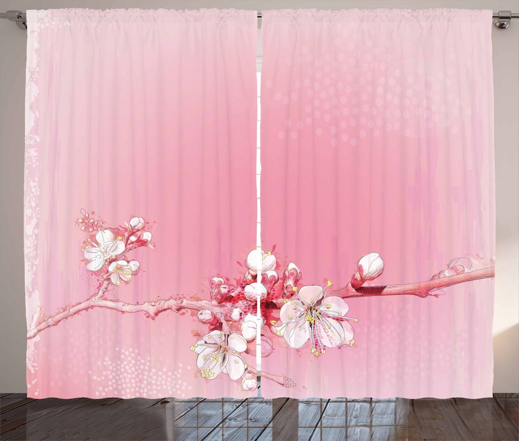 ABAKUHAUS Pfirsich Rustikaler Gardine, Japanische Kirschblüte, Schlafzimmer Kräuselband Vorhang mit Schlaufen und Haken, 280 x 225 cm, Weiß Rosa