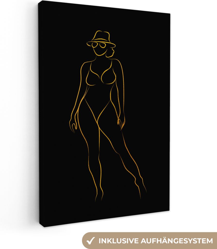 OneMillionCanvasses - Leinwandbilder - 90x140 cm, Sonnenbrille - Schwarz - Gold - Linienkunst, Wandbilder Kunstdruck Wanddekoration - Wandschmuck...