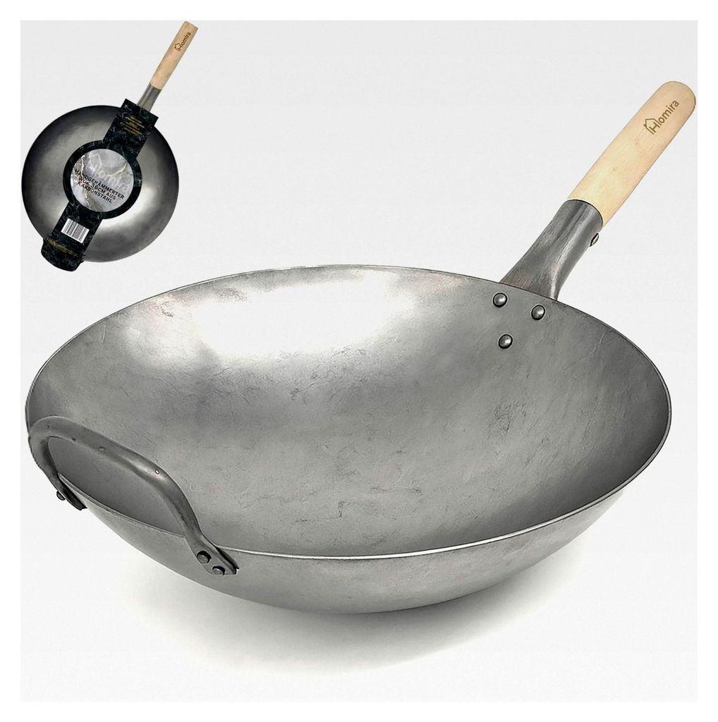 Wok 36 cm handgehämmert Kohlenstoffstahl mit rundem Boden und Holzgriff – traditionelle Wokpfanne, PFAS-frei, geeignet für Gas, Grill und Outdoor
