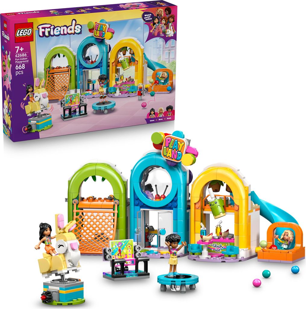 LEGO Friends Cooler Indoor-Spielplatz - Spielzeug mit Rutsche, Bällebad, Karussell, Snackbar, 3 Mini Puppen & Zubehör - Geburtstagsgeschenk für ...