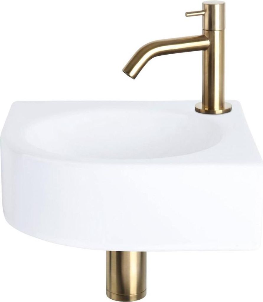 Differnz Cleo Aufsatzwaschbecken 30x30x10 cm – Waschbecken Bad Keramik Weiß – Mit Wasserhahn Bad in Mattgold – Waschtisch mit Gebogener Arma...