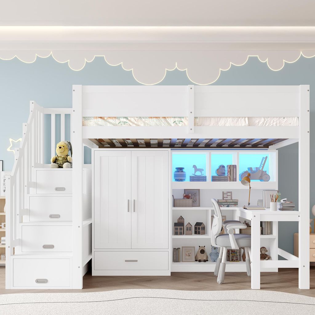 A white loft bed with integrated wardrobe, bookshelf, and desk, set against a light blue wall with cloud decorations.