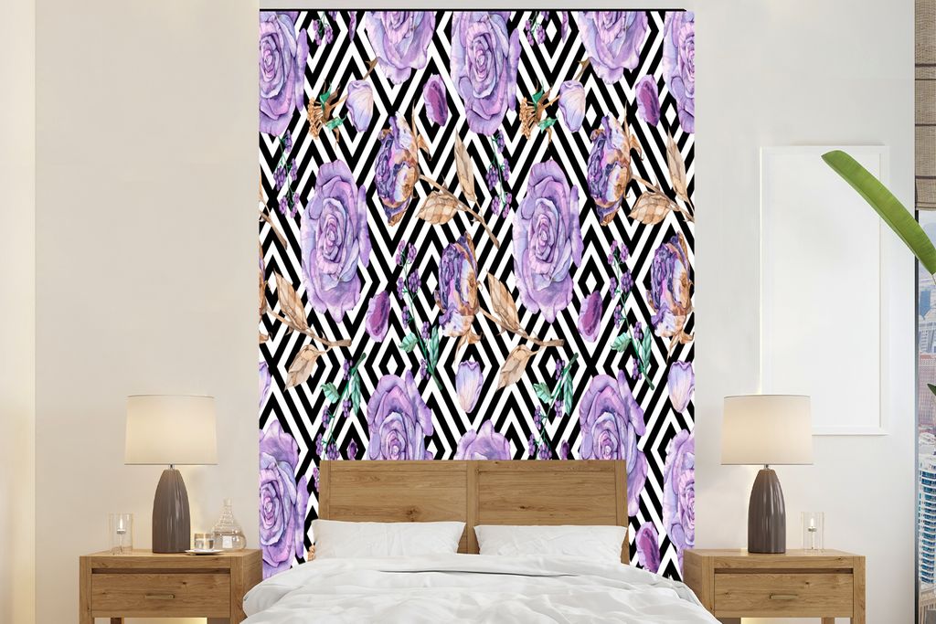 MuchoWow Fototapete für Wohnzimmer oder Schlafzimmer Wandtapete Vinyl Motivtapete Blumen - Flieder - Rosen - 170x260 cm - Wohnzimmertapete