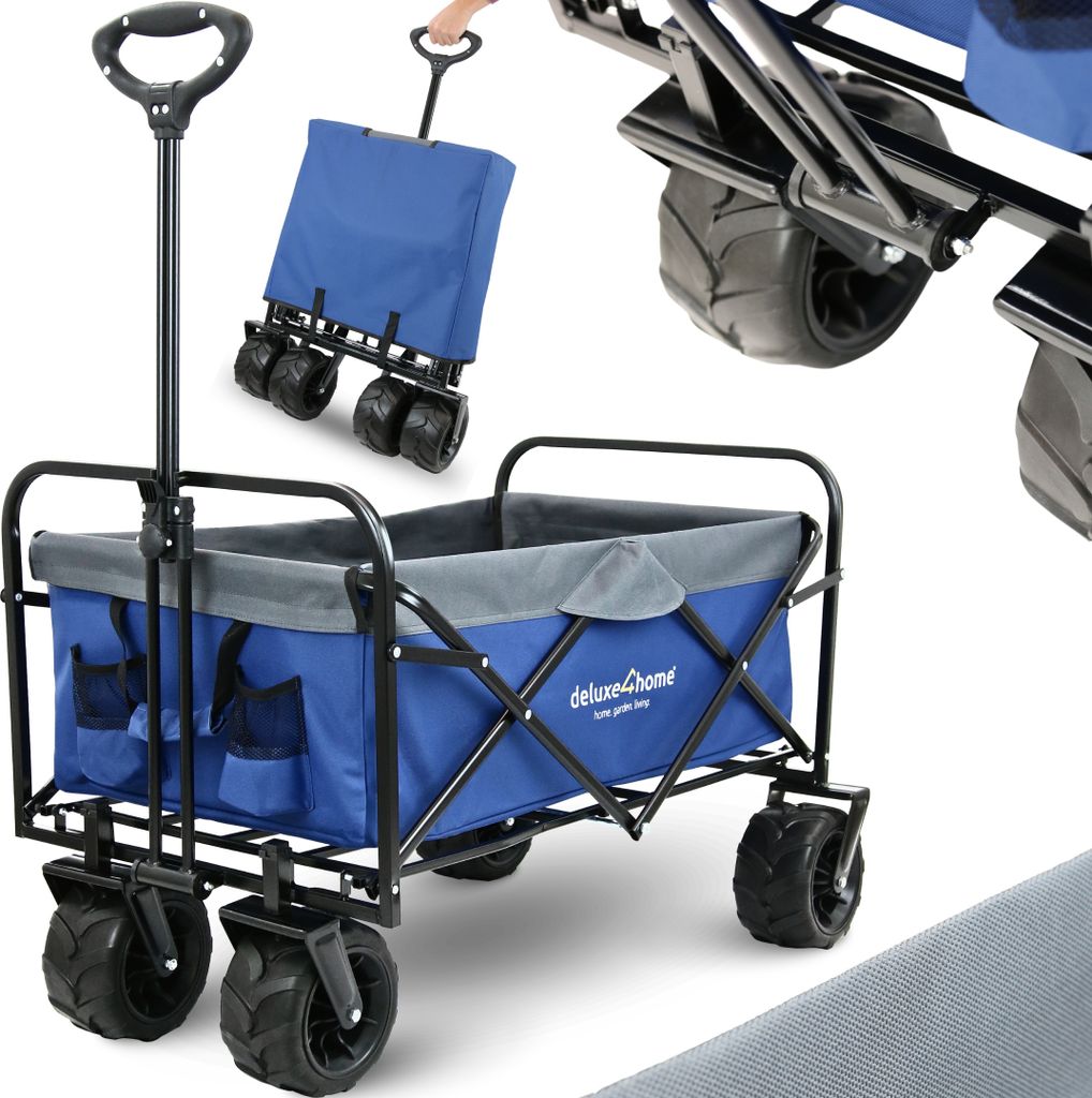 deluxe4home Bollerwagen faltbar in Blau I Breite Reifen Geländetauglich I Mit 2 Netztaschen I Handwagen Transportwagen I Trolley bis 120kg