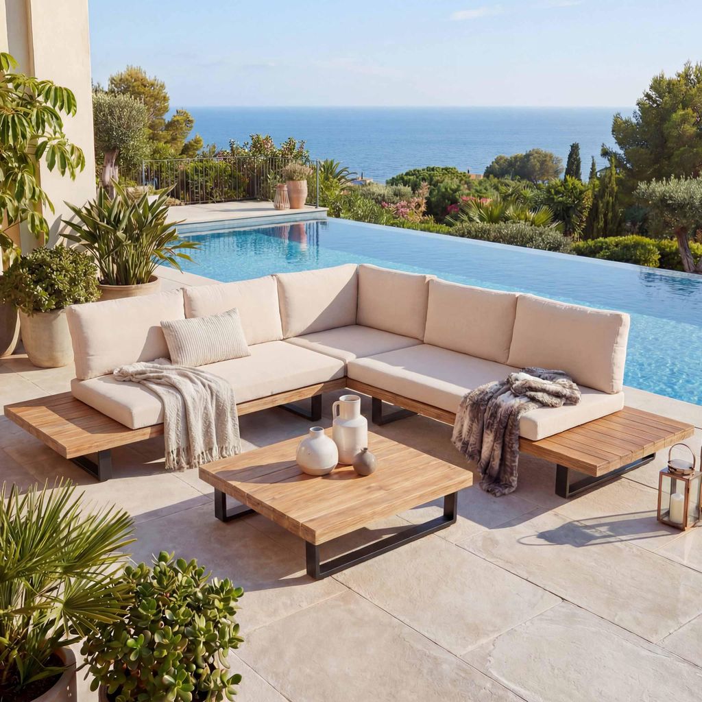 Garten-Garnitur MCW-H54, Garnitur Sitzgruppe Lounge-Set, Spun Poly Akazie Holz MVG Alu hellbraun, Polster beige