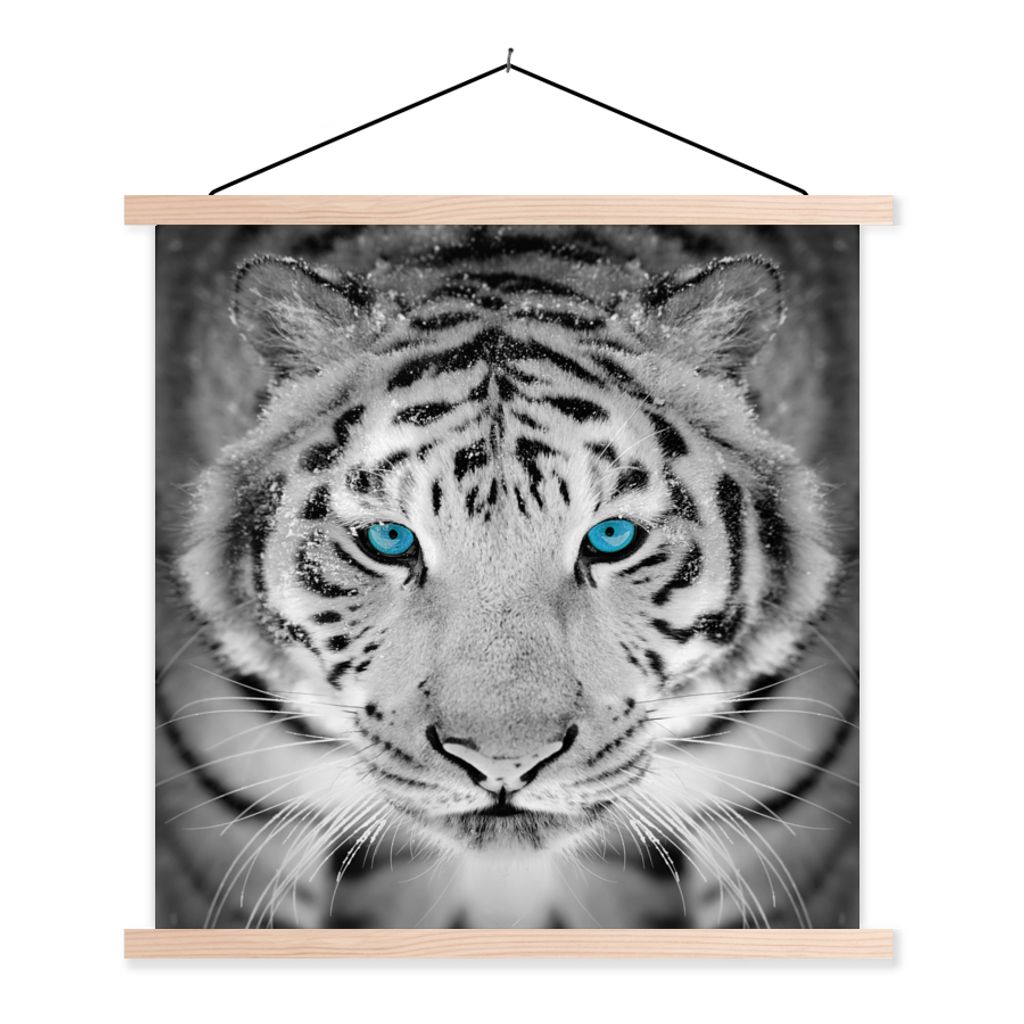 MuchoWow Textilposter Tiere - Tiger - Augen - Blau - Schwarz und weiß 60x60 cm mit holzfarbenen Rahmen - Wanddekoration