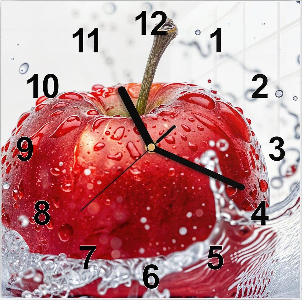 Wanduhr aus Glas mit Motiv Spritzender Apfel- 30 x 30 cm - inkl. Aufhängesystem