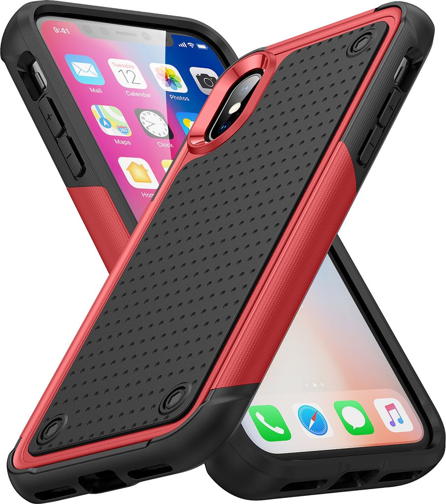 Für iPhone XS /iPhone X Hülle Militärqualität Stoßfest Hybrid 2 in 1 Hart PC Weich TPU Handyhülle Rot Schwarz