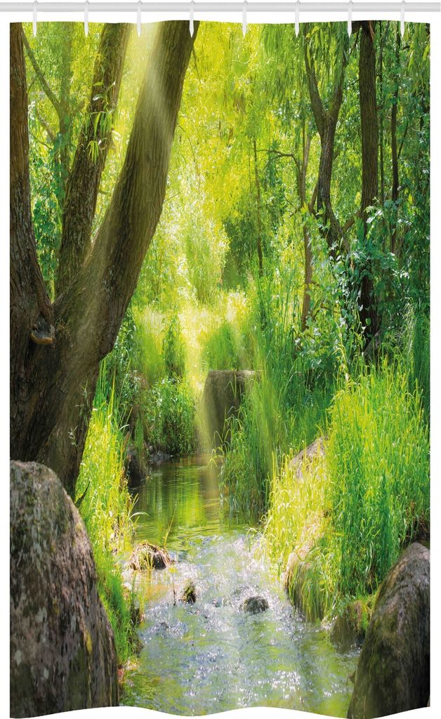 ABAKUHAUS Wald Schmaler Duschvorhang, Stream Cascade Tropical, Badezimmer Deko Set aus Stoff mit Haken, 120 x 180 cm, Brown Lindgrün