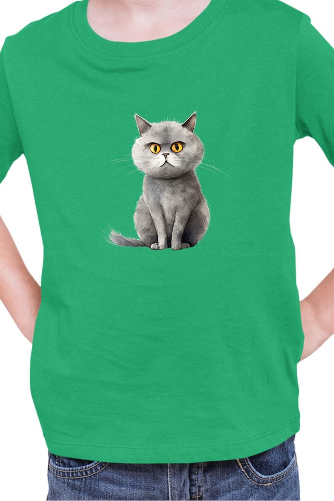 Kinder T-Shirt Funny Cats Breeds British Shorthair Cat 017, 9-11 Jahr - 140 / Grün