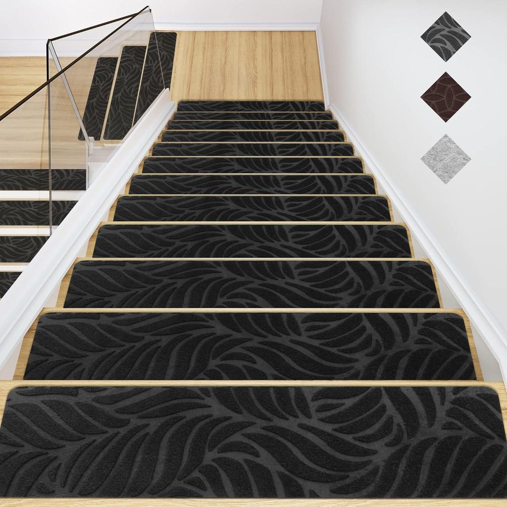 Treppenmatten für Holztreppen-Anti-Rutsch-Treppen-Teppich-Tritte,Filz selbstklebend Stufenmatten innen 15 Stück 76x20cm Schwarze Bananenblatt