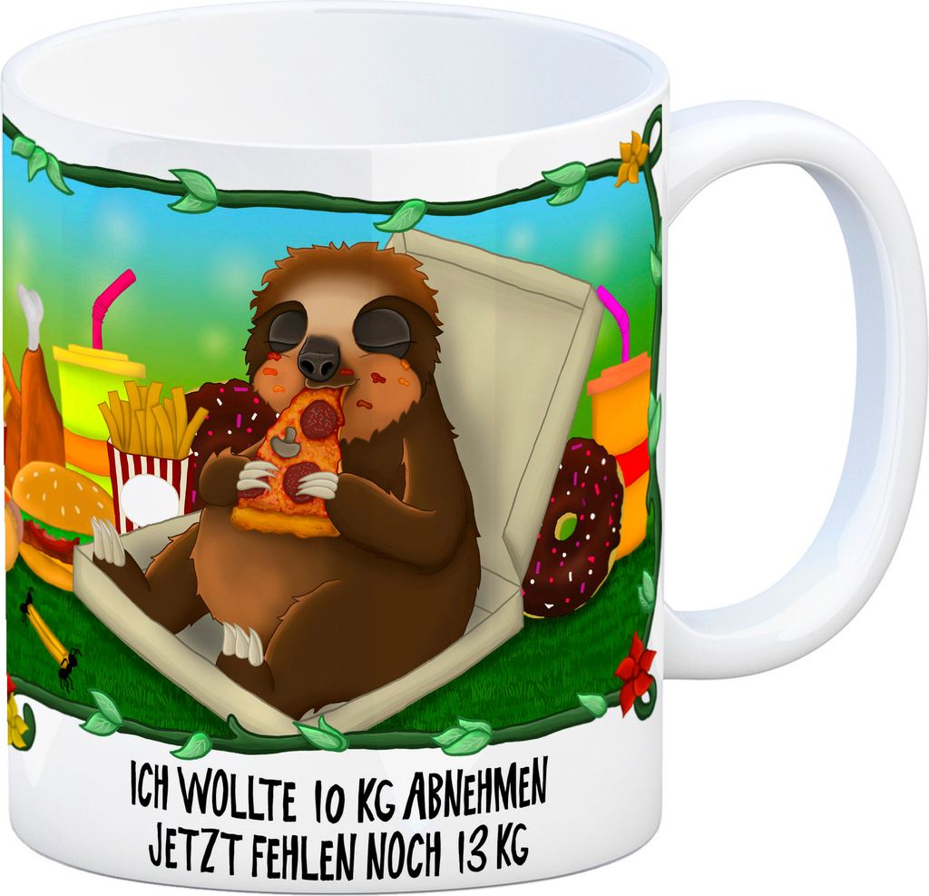 Kaffeebecher mit fressendes Faultier Dschungelmotiv und Produktbild 