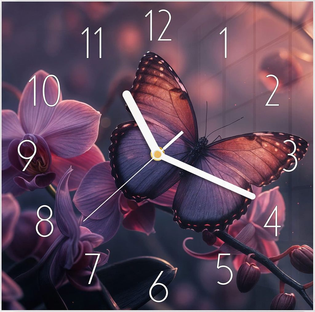 Wanduhr aus Glas mit Motiv Schmetterling Blüte- 30 x 30 cm - inkl. Aufhängesystem