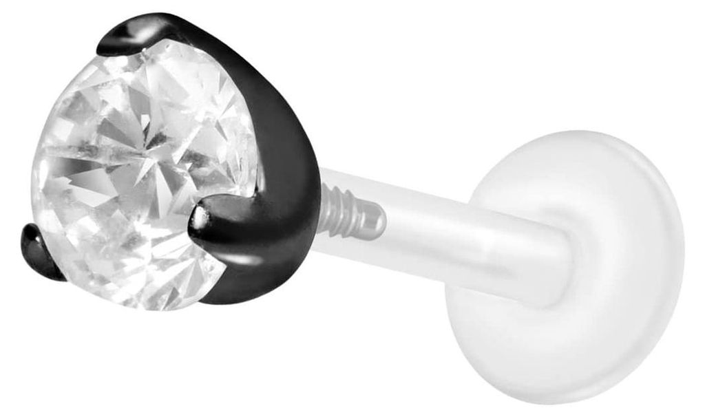 Ohrpiercing, Nasenpiercing PTFE Labret mit Innengewinde + Titan-Aufsatz EINGEFASSTER KRISTALL Schwarz Stablänge: 9mm | Stabstärke: 1,2mm | Krista...