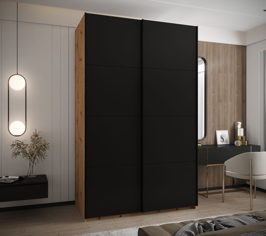 Zweitüriger Kleiderschrank SAMARA 1 - 150 cm, Eiche handwerklich / schwarz / schwarz