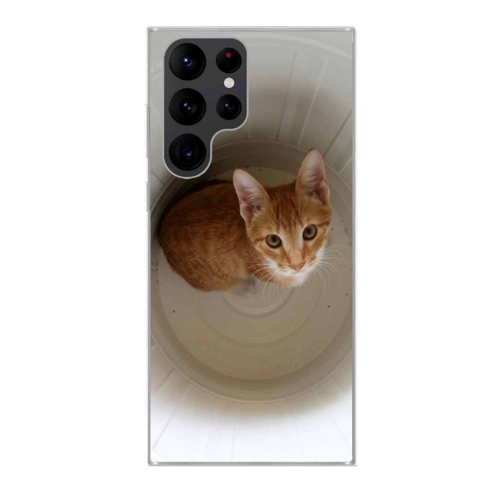 MuchoWow Handyhülle Schutzhülle Hülle für Samsung Galaxy S22 Ultra Katze - Mülleimer - Weiß Silikon Softcase Handy Hülle - Abbildung