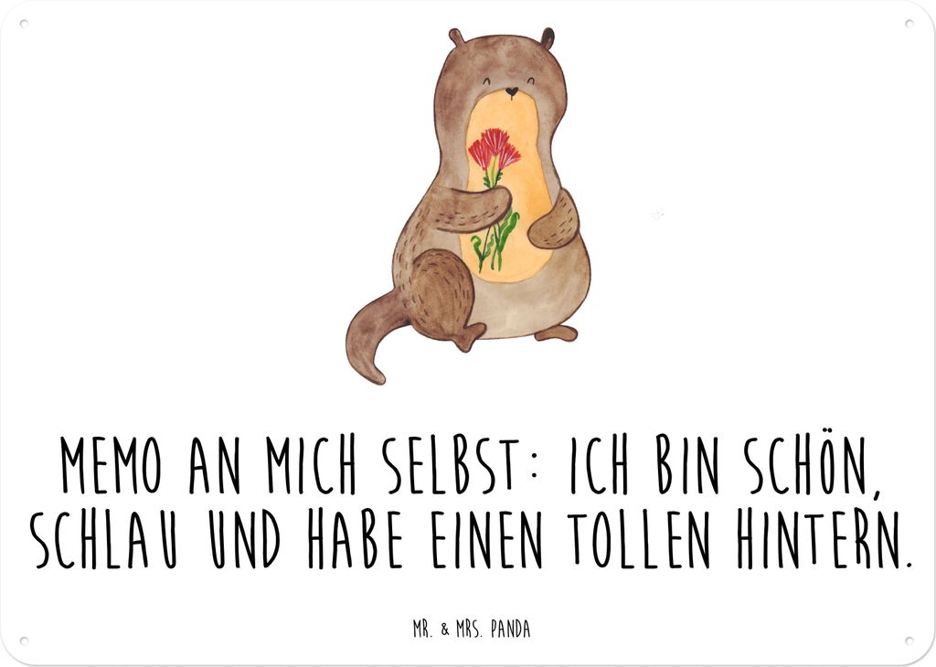 Mr. & Mrs. Panda Schild Otter Blumenstrauß DIN A5 - Weiß - Geschenk, Selbstliebe, Seeotter, Süß, Positiv, Retro Blechschild, Magnetschild, Tür...