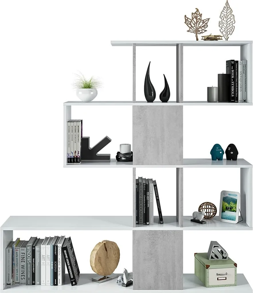 Bibliothèque design Zig Zag 145x145 cm - Blanc et Gris Béton réversible