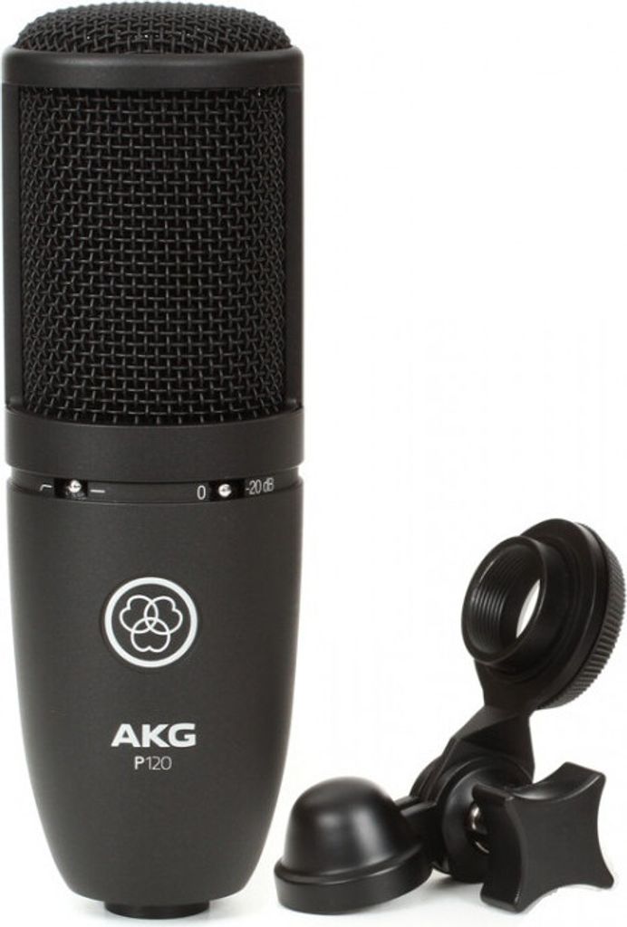 A studio microphone and its shock mount are displayed against a white background.
