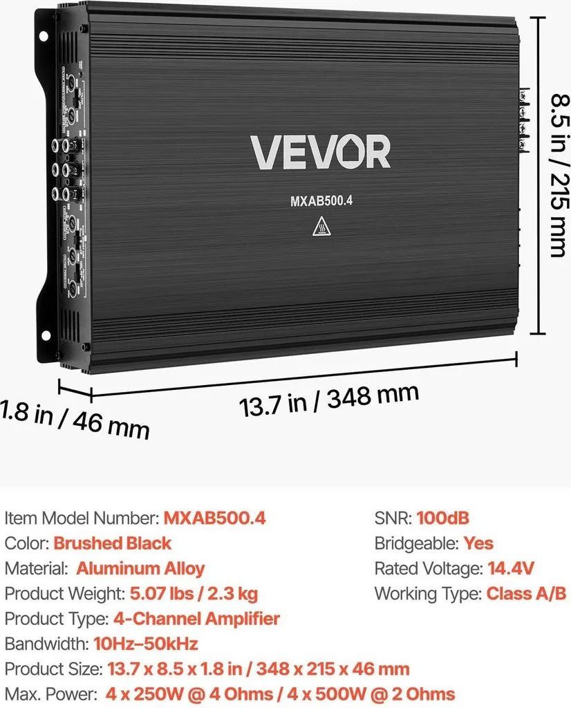 Amplificatore audio per auto, amplificatore per auto a 4 canali ponticellabile, amplificatore stereo multicanale in classe AB, max. 4 x 250 W a 4 ohm / 4 x 500 W a 2 ohm, alta potenza, per SUV, pick-up e veicoli fuoristrada - 7