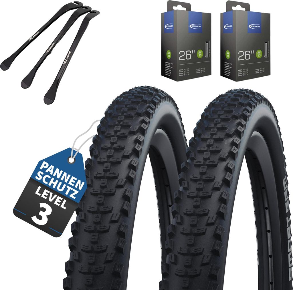 2er Set Schwalbe Fahrradreifen Smart Sam 26 Zoll x 2.00 Zoll (50-559) AV Schläuchen + Reifenheber