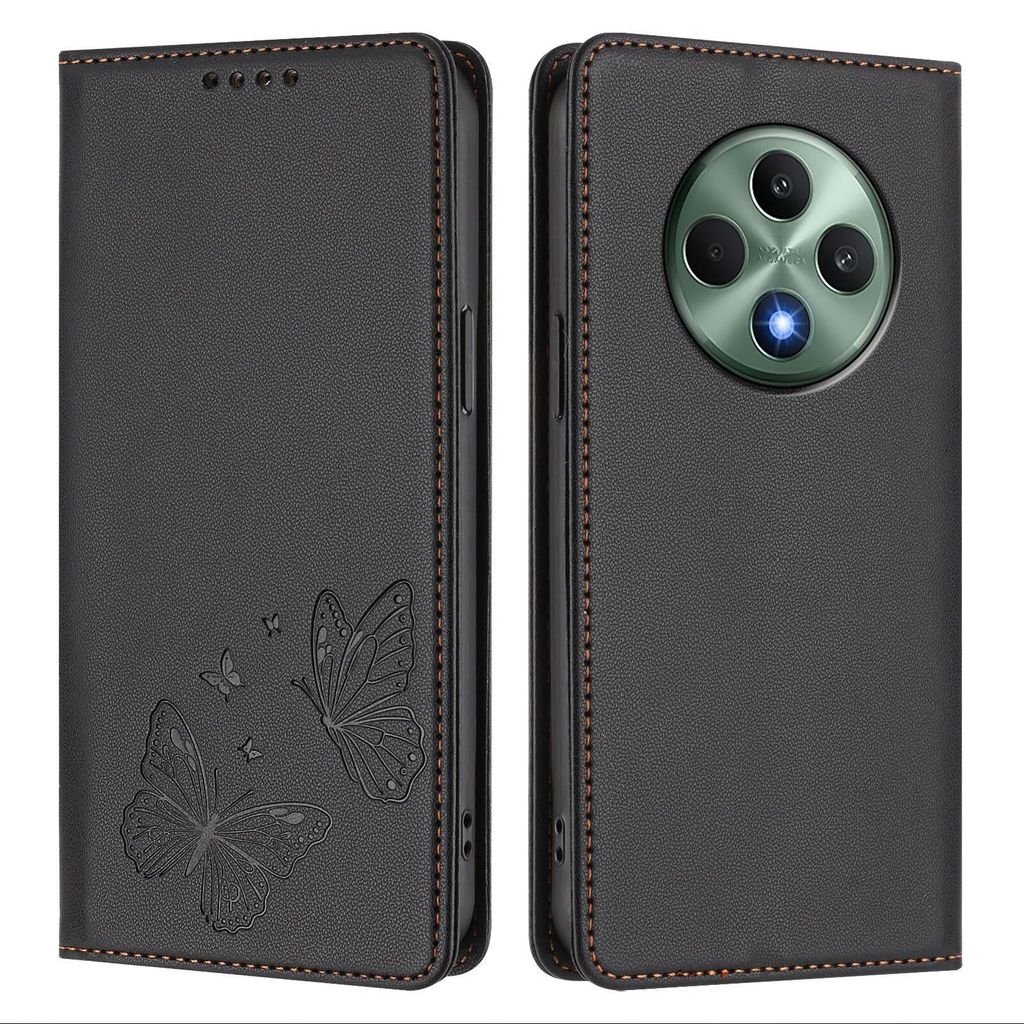 Lederhülle für Oppo Reno12 F 5G/Reno12 F 4G, Schmetterling Prägung Leder Brieftasche Schutzhülle mit Ständer Schwarz